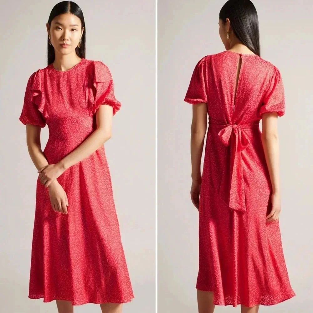 Ted Baker London Geometric Floral Print Puff Sleeves Midi Dress Size 8 US